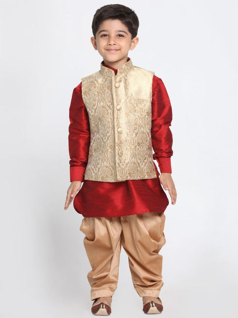 VASTRAMAY Boys' Gold Cotton Silk Blend Ethnic Jacket, Maroon Kurta and Dhoti Pant Set